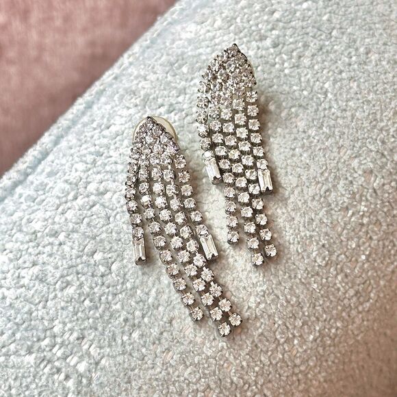 Waterfall Earrings Vintage Dangle Glass Art Deco Baguette Rhinestone Cascade - Picture 2 of 6